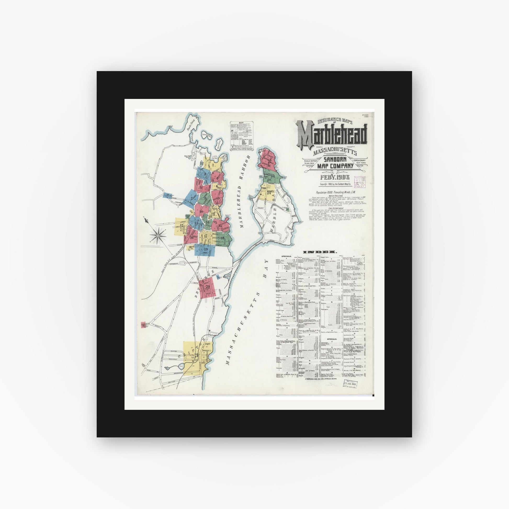 Old map wall art mockup — black gallery frame with white mat — Sanborn Fire Insurance Map from Marblehead, Essex County, Massachusetts (1908) - Complete Map Set