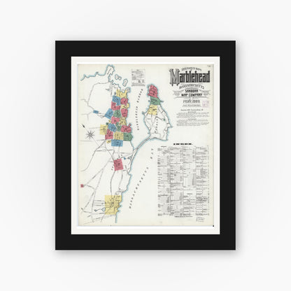 Old map wall art mockup — black gallery frame with white mat — Sanborn Fire Insurance Map from Marblehead, Essex County, Massachusetts (1908) - Complete Map Set
