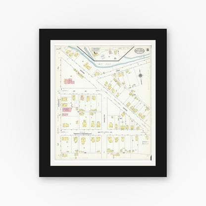 Old map wall art mockup — black gallery frame with white mat — Sanborn Fire Insurance Map from Belvidere, Warren County, New Jersey (1909), Sheet #0008