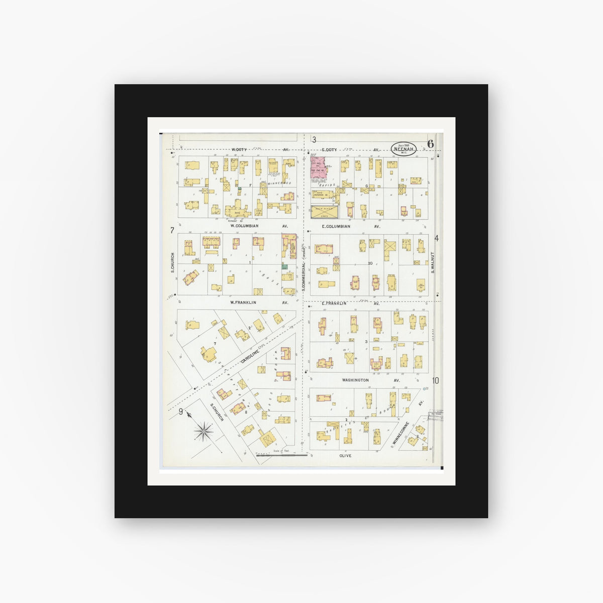 Old map wall art mockup — black gallery frame with white mat — Sanborn Fire Insurance Map from Neenah, Winnebago County, Wisconsin (1900), Sheet #0006