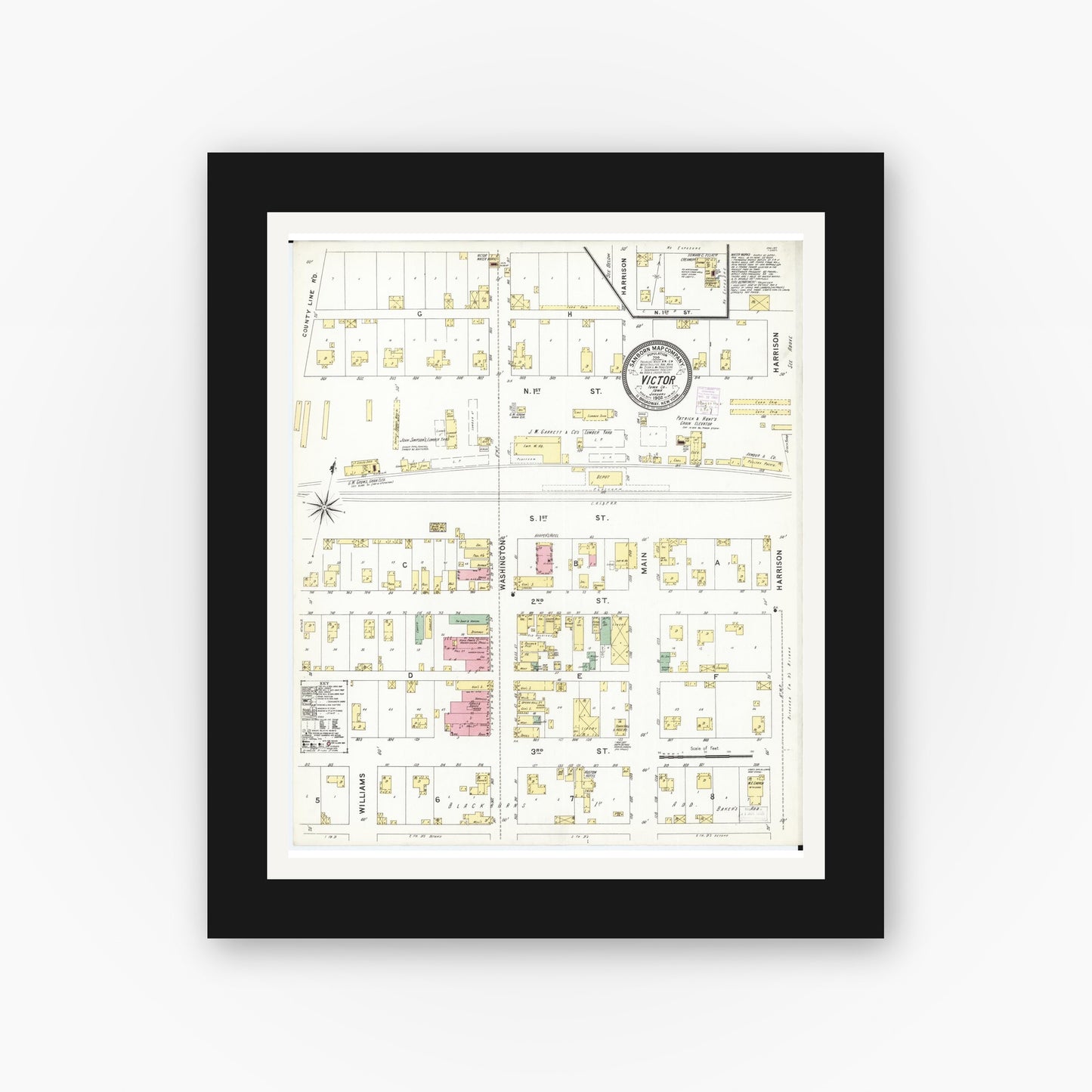 Old map wall art mockup — black gallery frame with white mat — Sanborn Fire Insurance Map from Victor, Iowa County, Iowa (1902), Sheet #0001