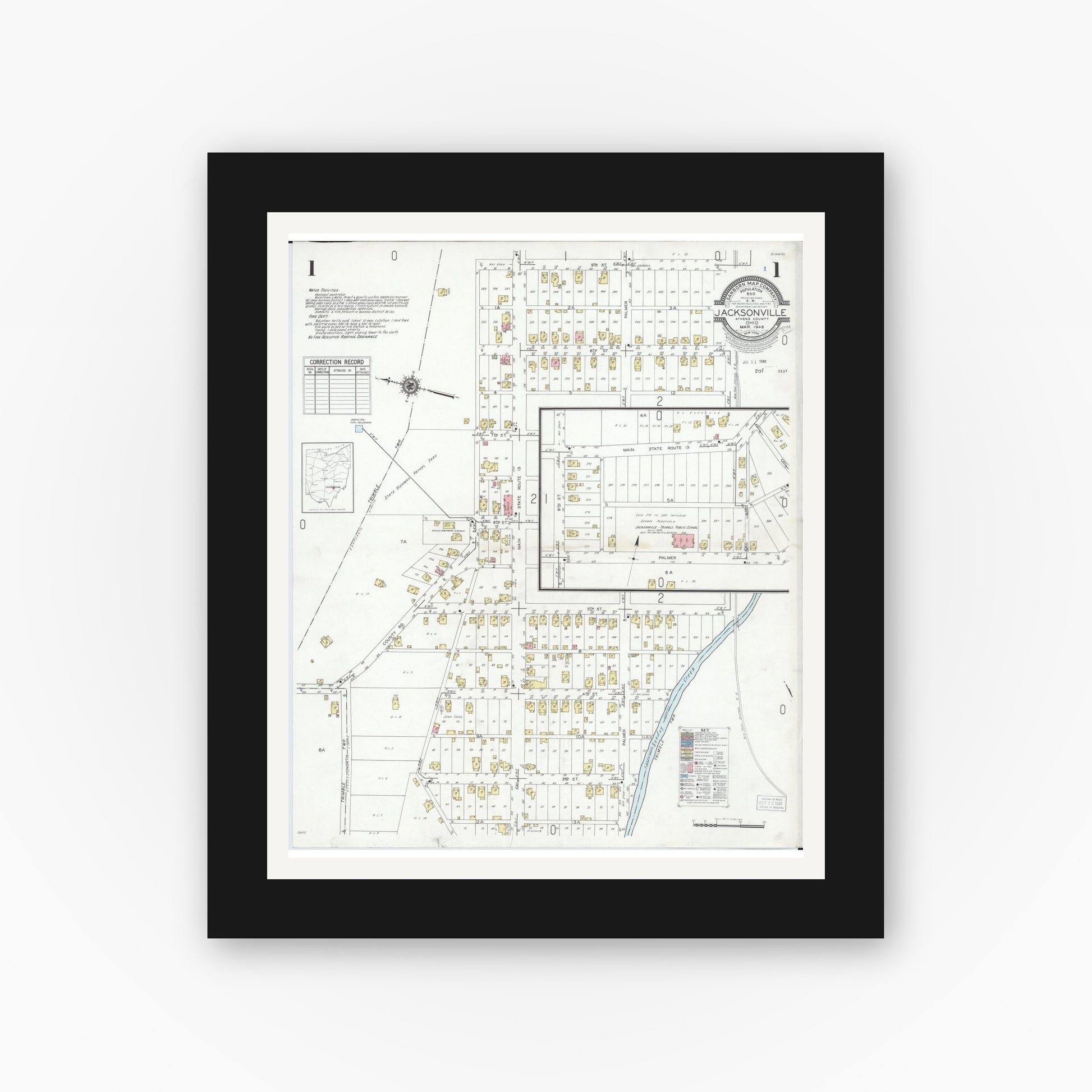 Old map wall art mockup — black gallery frame with white mat — Sanborn Fire Insurance Map from Jacksonville, Athens County, Ohio (1948), Sheet #0001