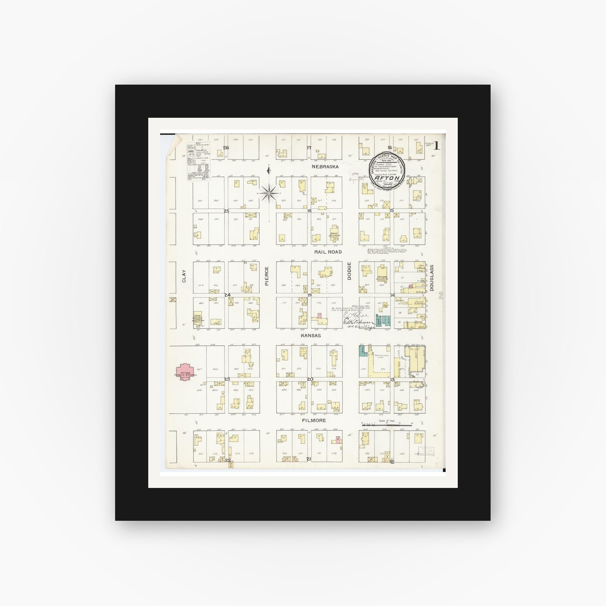 Old map wall art mockup — black gallery frame with white mat — Sanborn Fire Insurance Map from Afton, Union County, Iowa (1893) â€” Complete Set