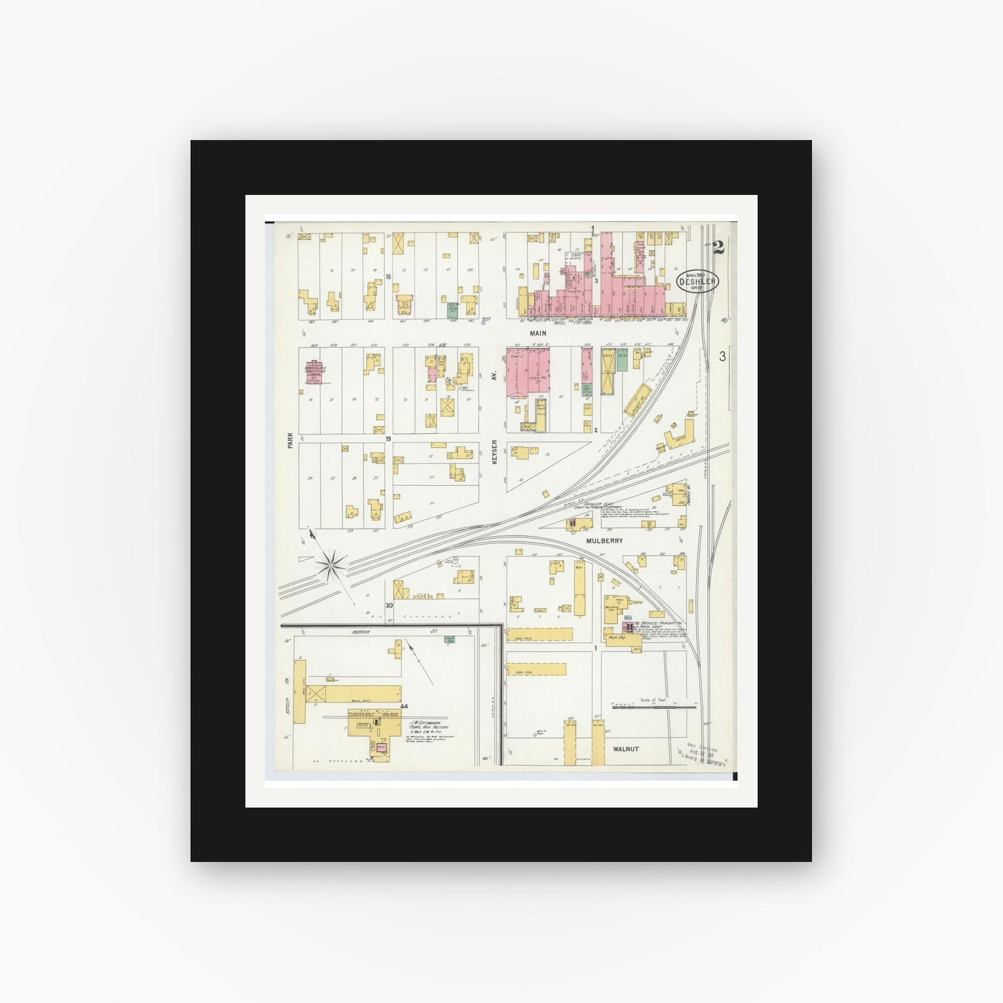 Old map wall art mockup — black gallery frame with white mat — Sanborn Fire Insurance Map from Deshler, Henry County, Ohio (1900), Sheet #0002
