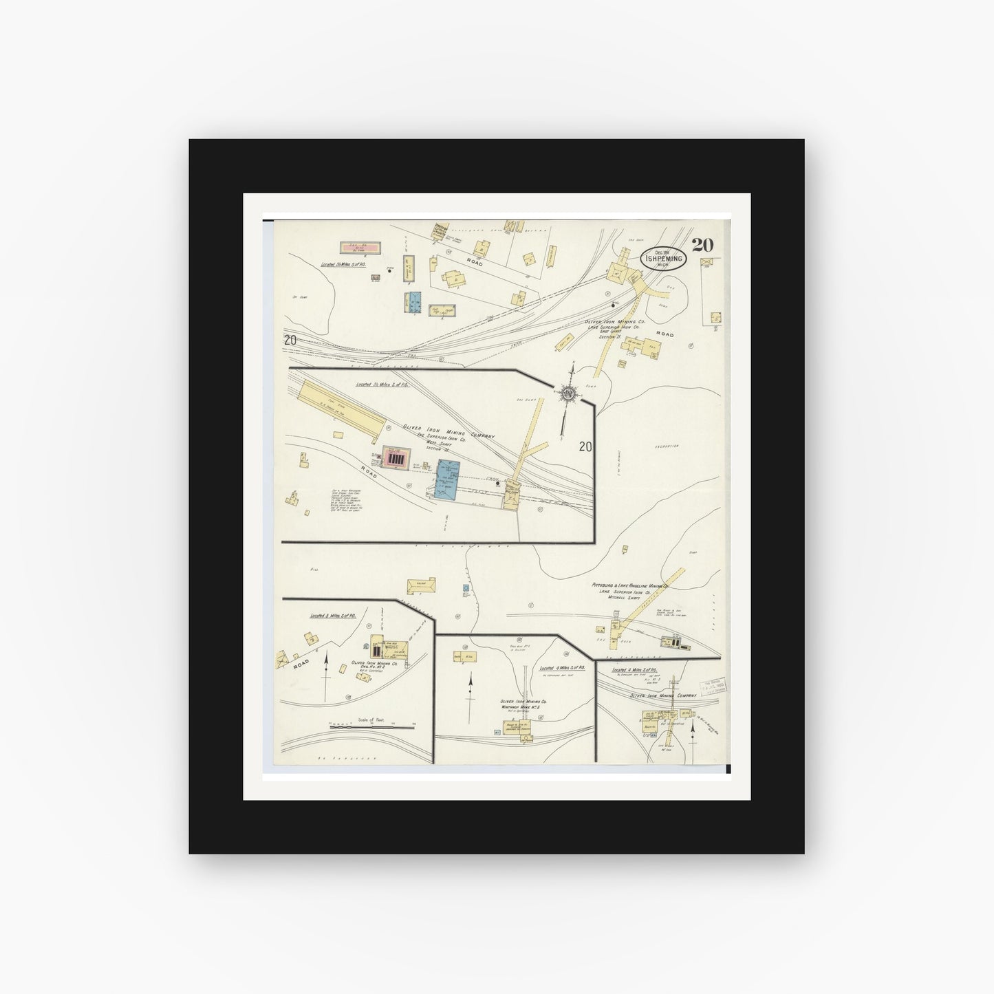 Old map wall art mockup — black gallery frame with white mat — Sanborn Fire Insurance Map from Ishpeming, Marquette County, Michigan (1911), Sheet #0020