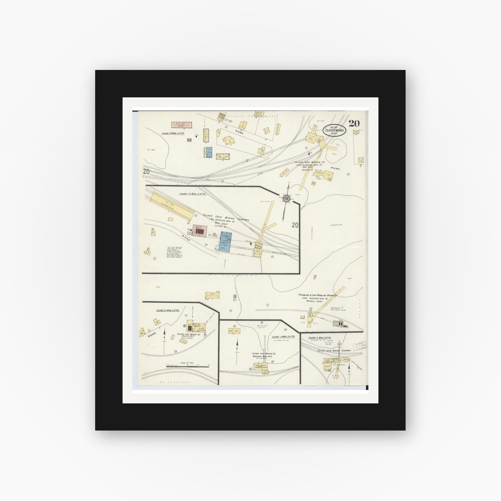 Old map wall art mockup — black gallery frame with white mat — Sanborn Fire Insurance Map from Ishpeming, Marquette County, Michigan (1911), Sheet #0020