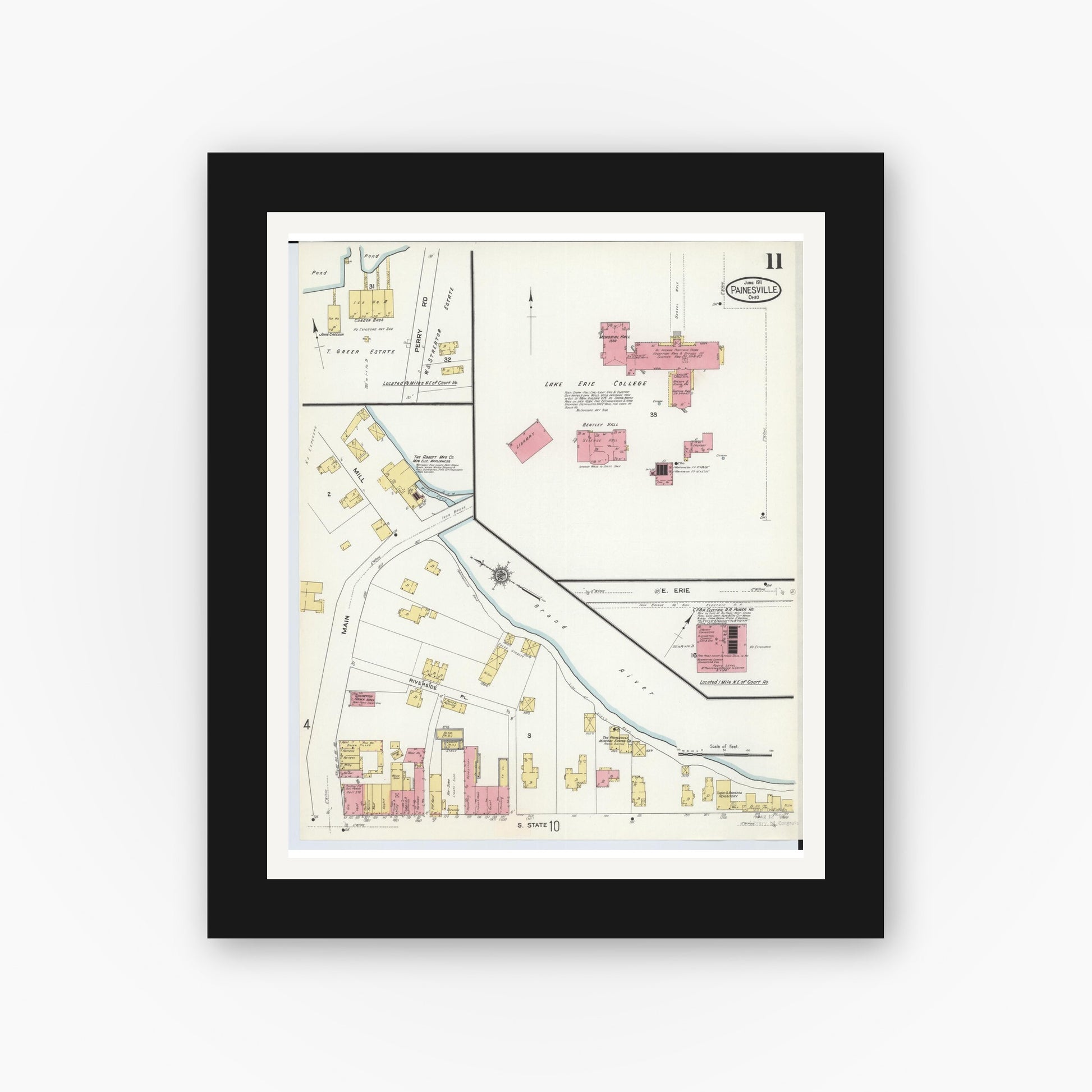 Old map wall art mockup — black gallery frame with white mat — Sanborn Fire Insurance Map from Painesville, Lake County, Ohio (1911), Sheet #0011
