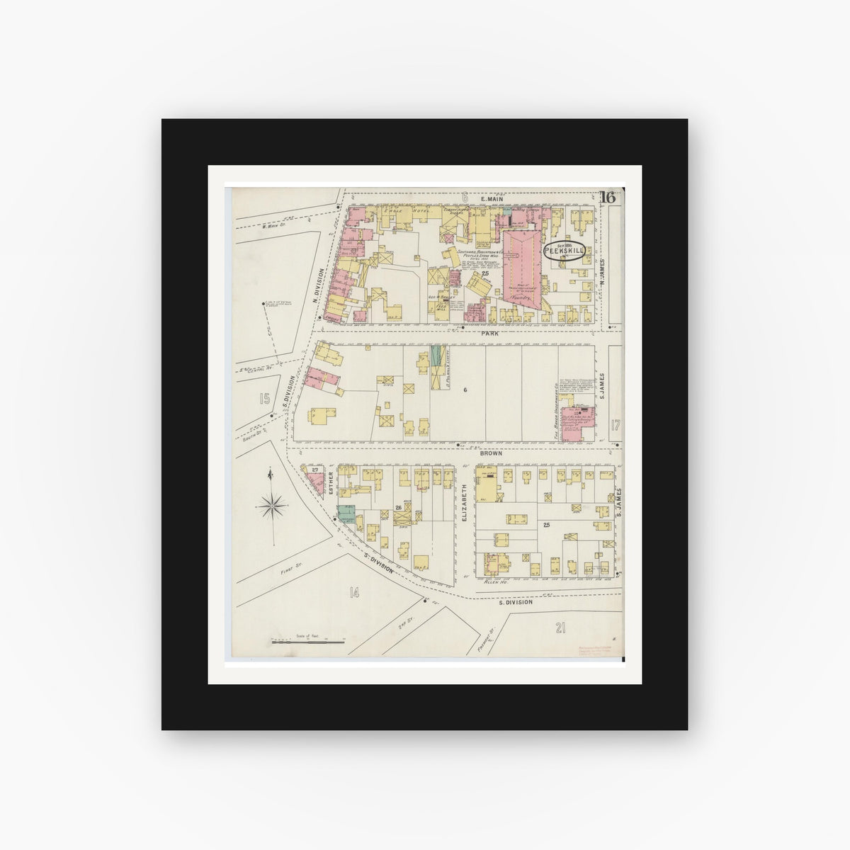 Old map wall art mockup — black gallery frame with white mat — Sanborn Fire Insurance Map from Peekskill, Westchester County, New York (1895), Sheet #0016