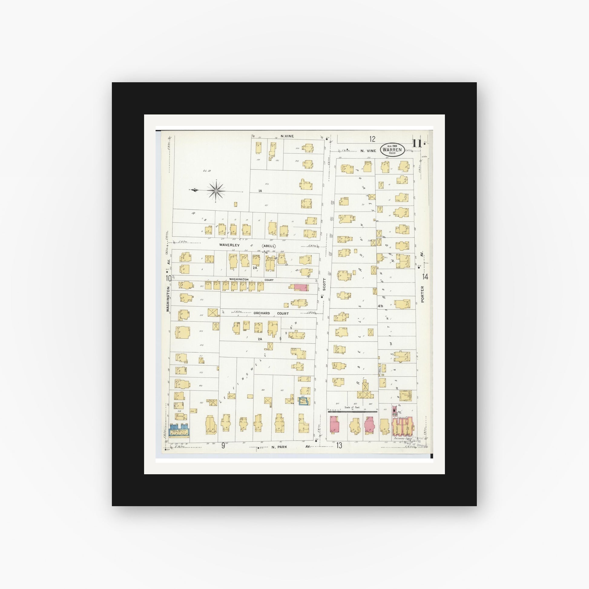 Old map wall art mockup — black gallery frame with white mat — Sanborn Fire Insurance Map from Warren, Trumbull County, Ohio (1908), Sheet #0011