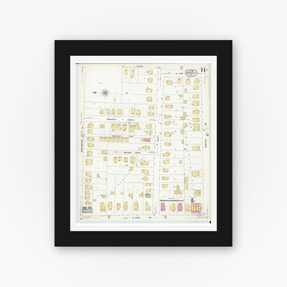 Old map wall art mockup — black gallery frame with white mat — Sanborn Fire Insurance Map from Warren, Trumbull County, Ohio (1908), Sheet #0011