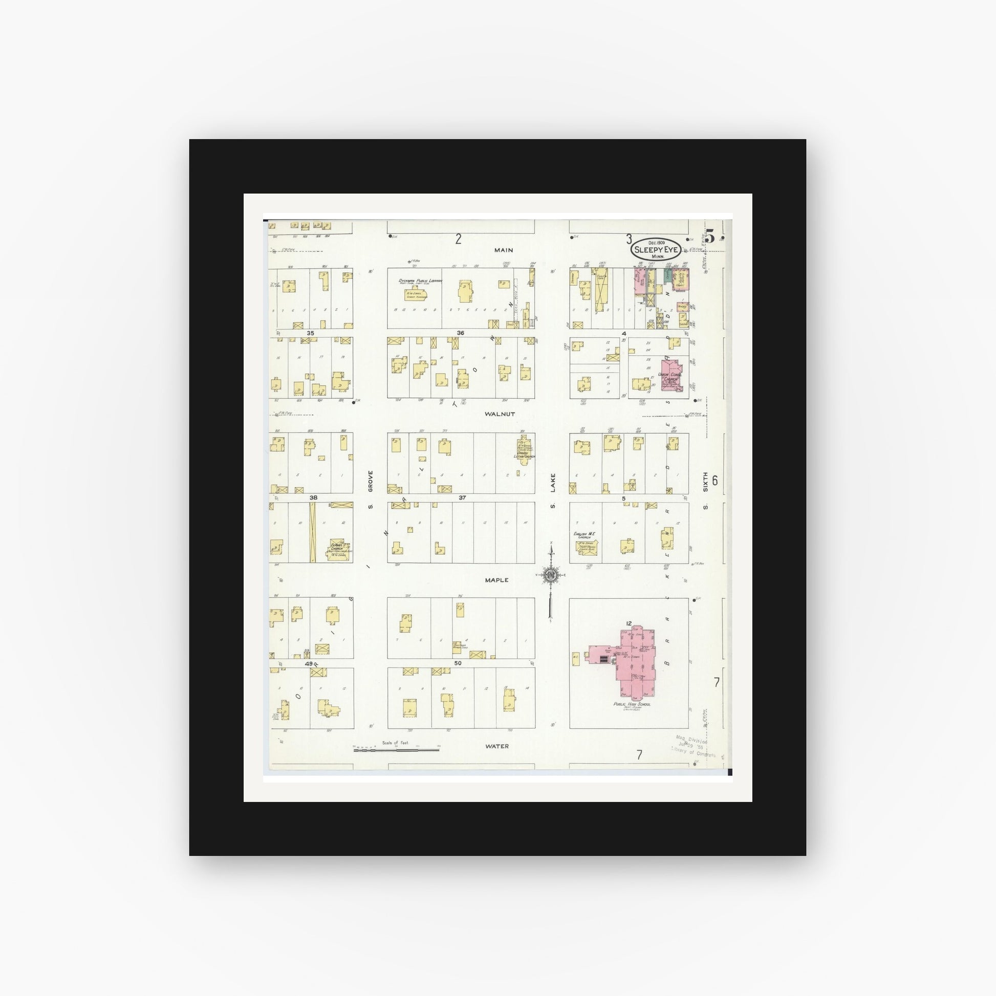 Old map wall art mockup — black gallery frame with white mat — Sanborn Fire Insurance Map from Sleepy Eye, Brown County, Minnesota (1909), Sheet #0005