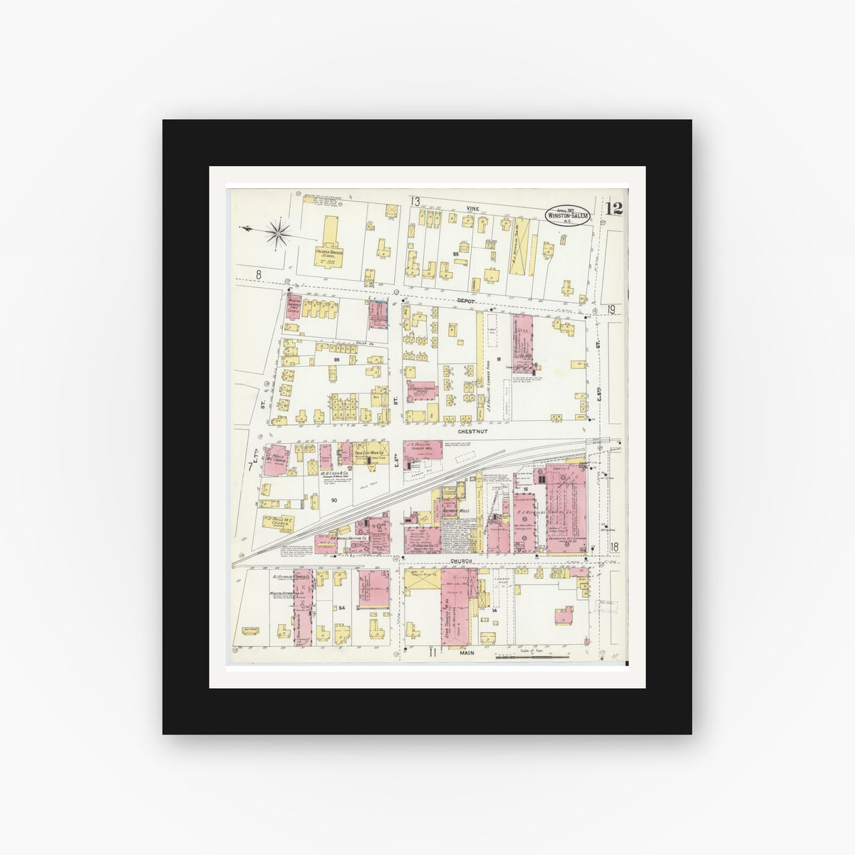 Old map wall art mockup — black gallery frame with white mat — Sanborn Fire Insurance Map from Winston-Salem, Forsyth County, North Carolina (1907), Sheet #0012