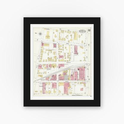 Old map wall art mockup — black gallery frame with white mat — Sanborn Fire Insurance Map from Winston-Salem, Forsyth County, North Carolina (1907), Sheet #0012