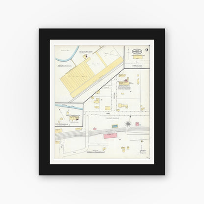 Old map wall art mockup — black gallery frame with white mat — Sanborn Fire Insurance Map from Brookfield, Worcester County, Massachusetts (1904), Sheet #0009