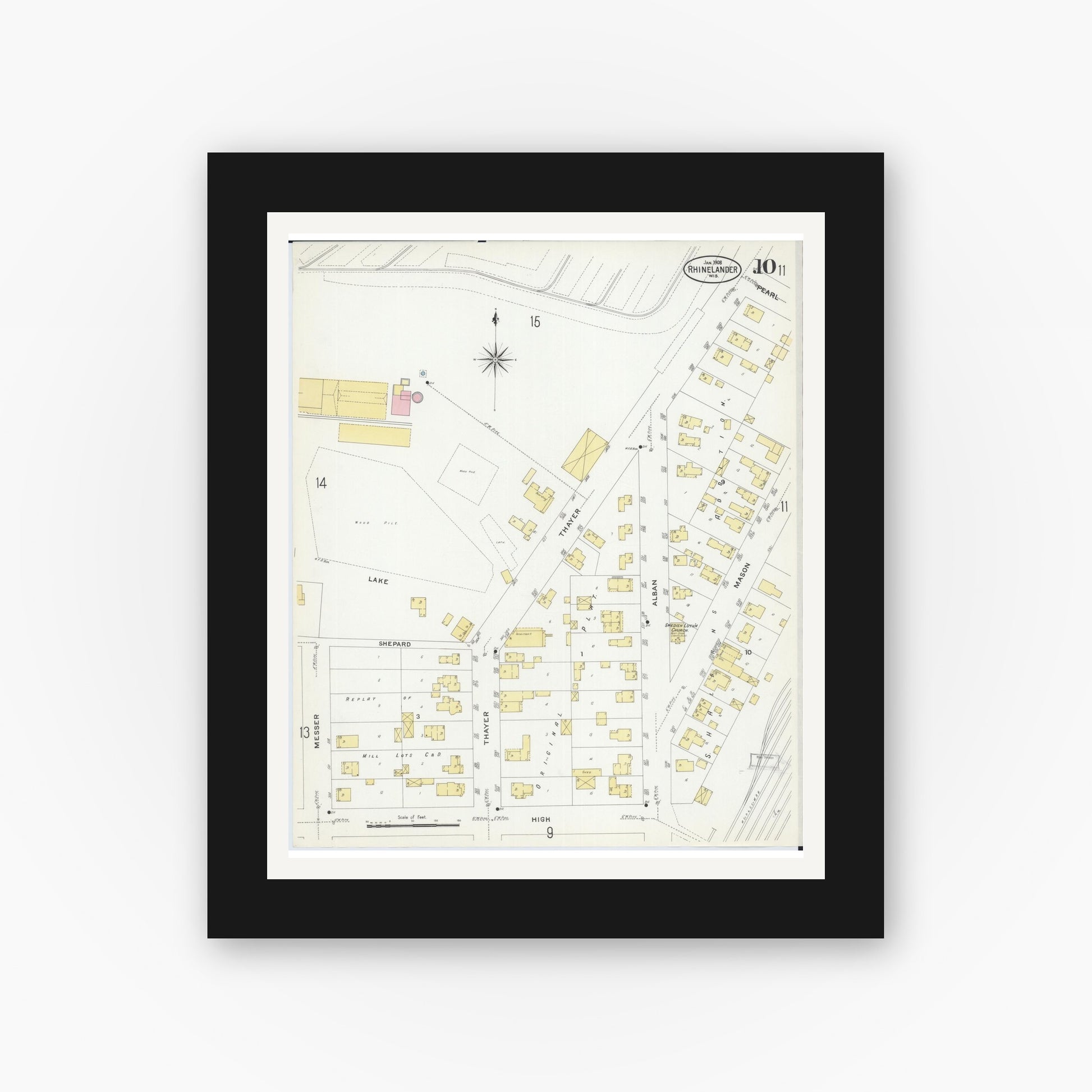 Old map wall art mockup — black gallery frame with white mat — Sanborn Fire Insurance Map from Rhinelander, Oneida County, Wisconsin (1908), Sheet #0010
