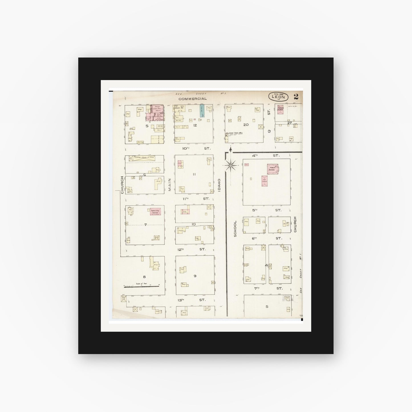Old map wall art mockup — black gallery frame with white mat — Sanborn Fire Insurance Map from Leon, Decatur County, Iowa (1886), Sheet #0002