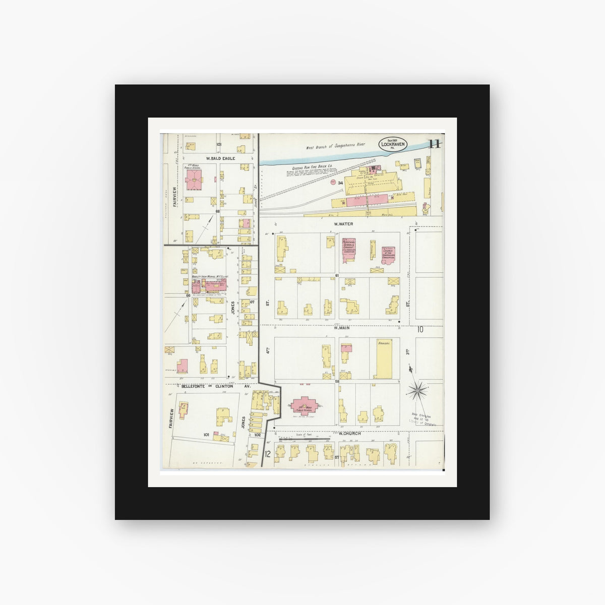Old map wall art mockup — black gallery frame with white mat — Sanborn Fire Insurance Map from Lock Haven, Clinton County, Pennsylvania (1901), Sheet #0011