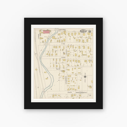 Old map wall art mockup — black gallery frame with white mat — Sanborn Fire Insurance Map from Gainesville, Cooke County, Texas (1922), Sheet #0012