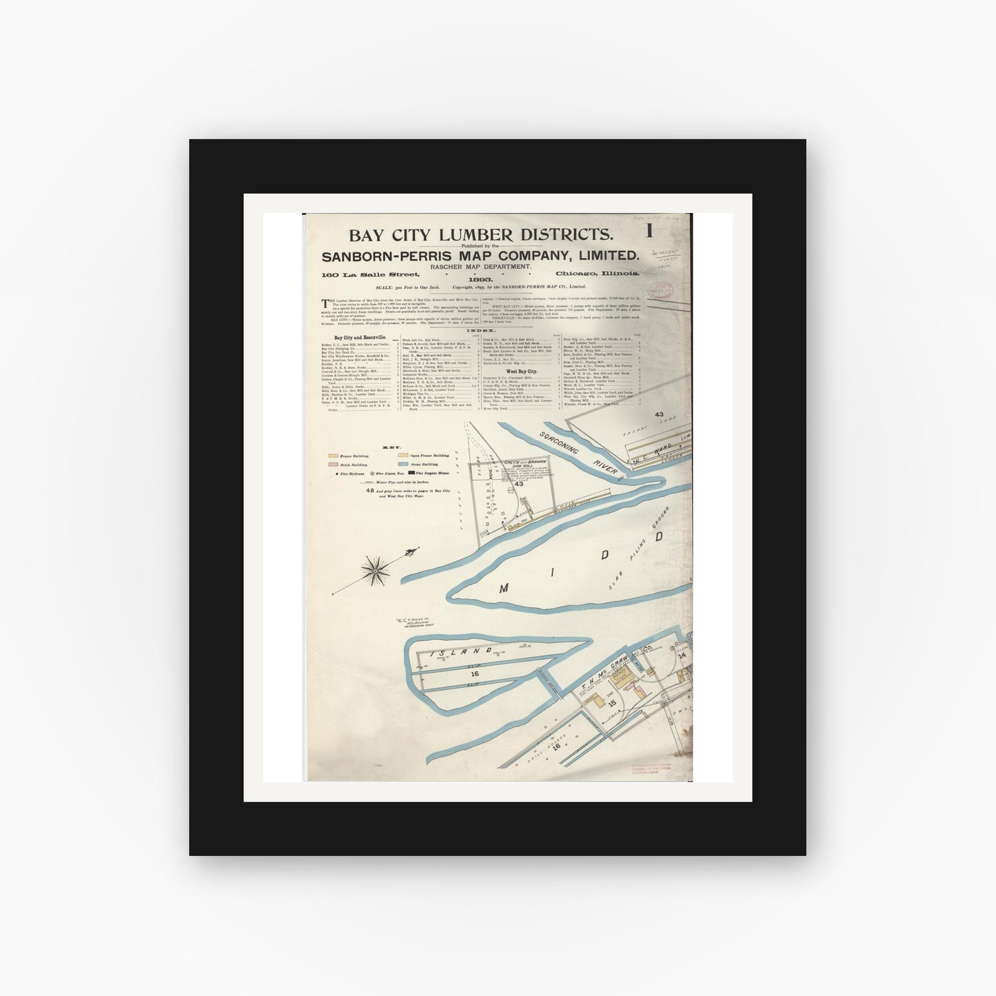Old map wall art mockup — black gallery frame with white mat — Sanborn Fire Insurance Map from Bay City, Bay County, Michigan (1895) - Complete Map Set