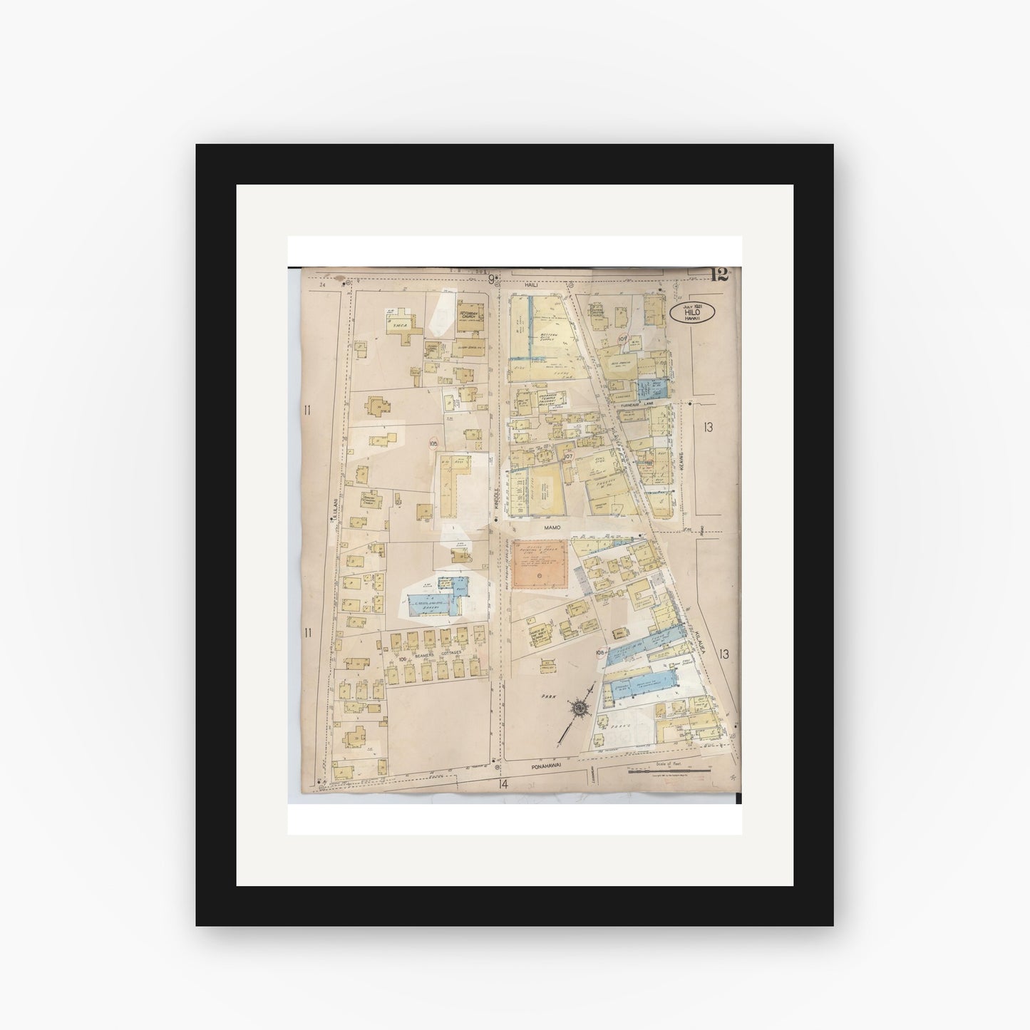 Old map wall art mockup — black gallery frame with white mat — Sanborn Fire Insurance Map from Hilo, Hawaii County, Hawaii (1957), Sheet #0012