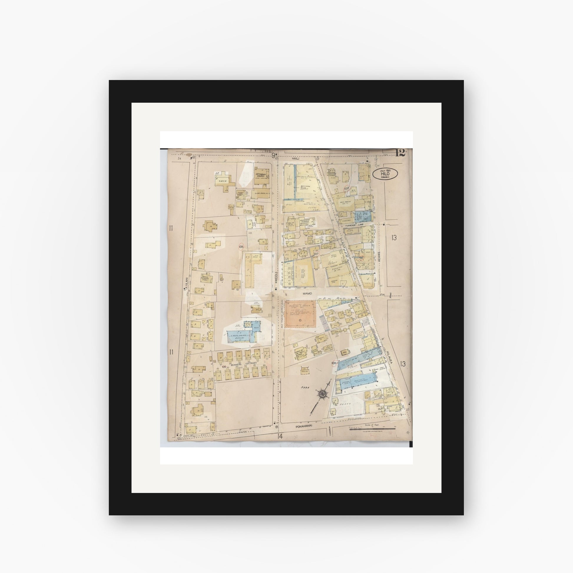Old map wall art mockup — black gallery frame with white mat — Sanborn Fire Insurance Map from Hilo, Hawaii County, Hawaii (1957), Sheet #0012