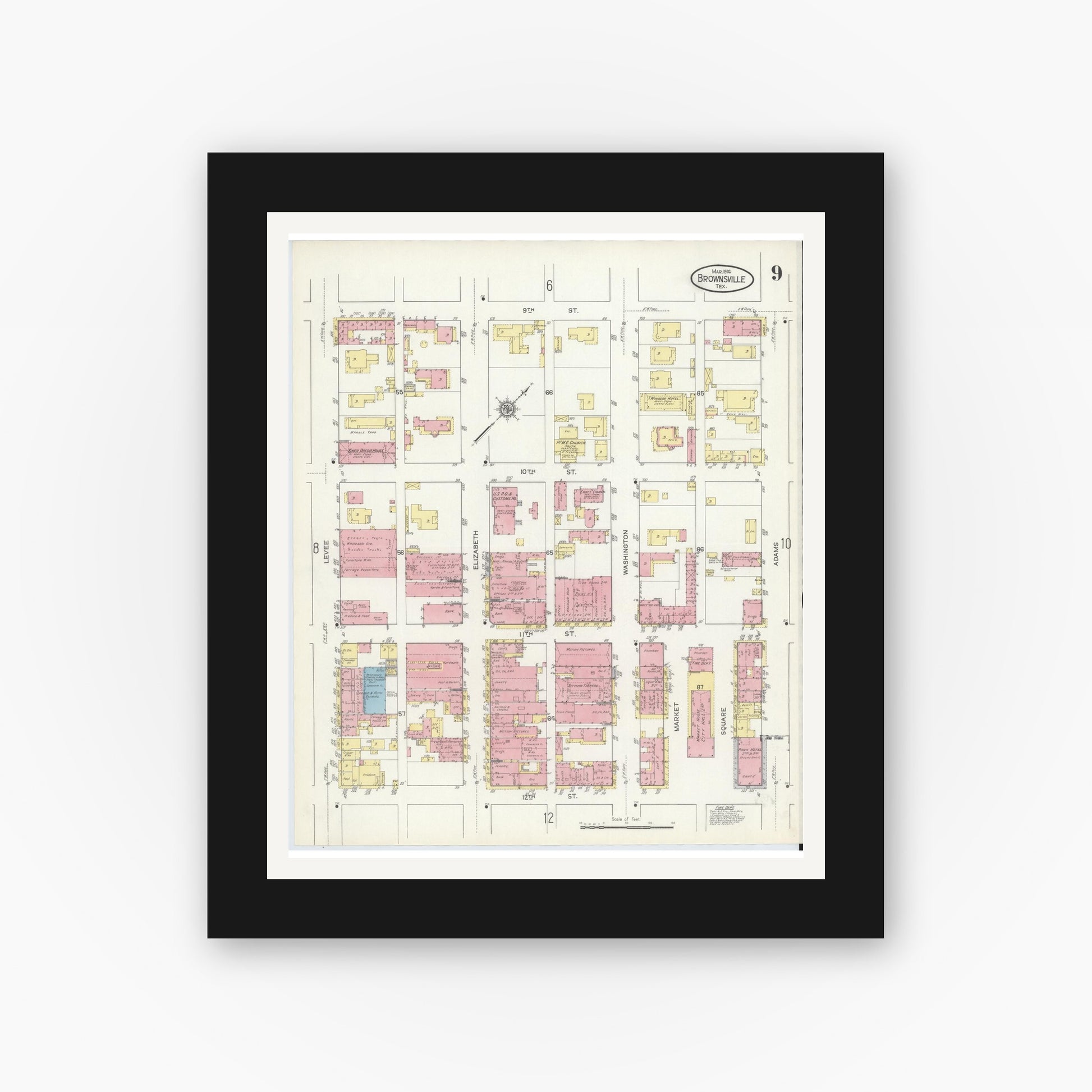 Old map wall art mockup — black gallery frame with white mat — Sanborn Fire Insurance Map from Brownsville, Cameron County, Texas (1914), Sheet #0009