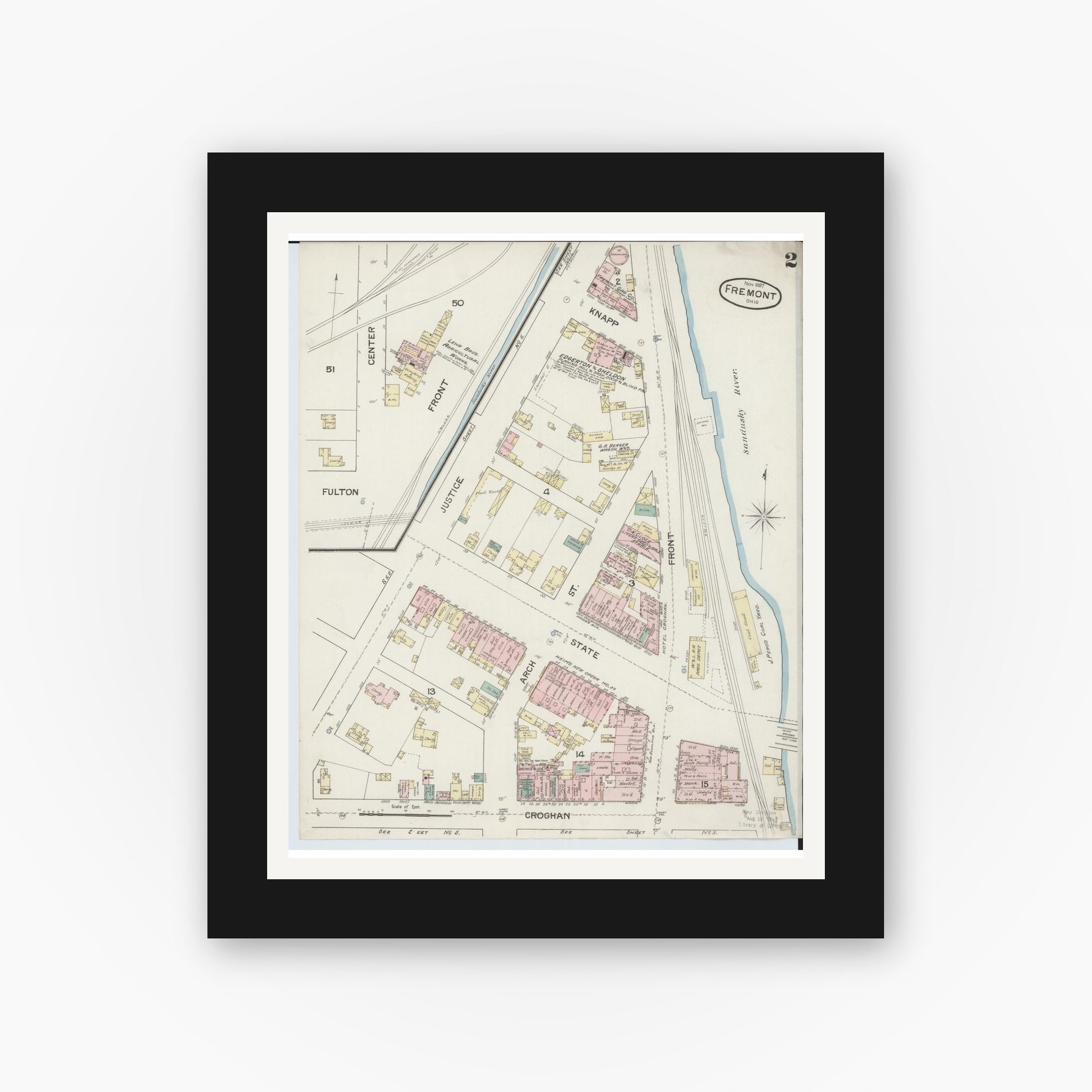 Old map wall art mockup — black gallery frame with white mat — Sanborn Fire Insurance Map from Fremont, Sandusky County, Ohio (1887), Sheet #0002