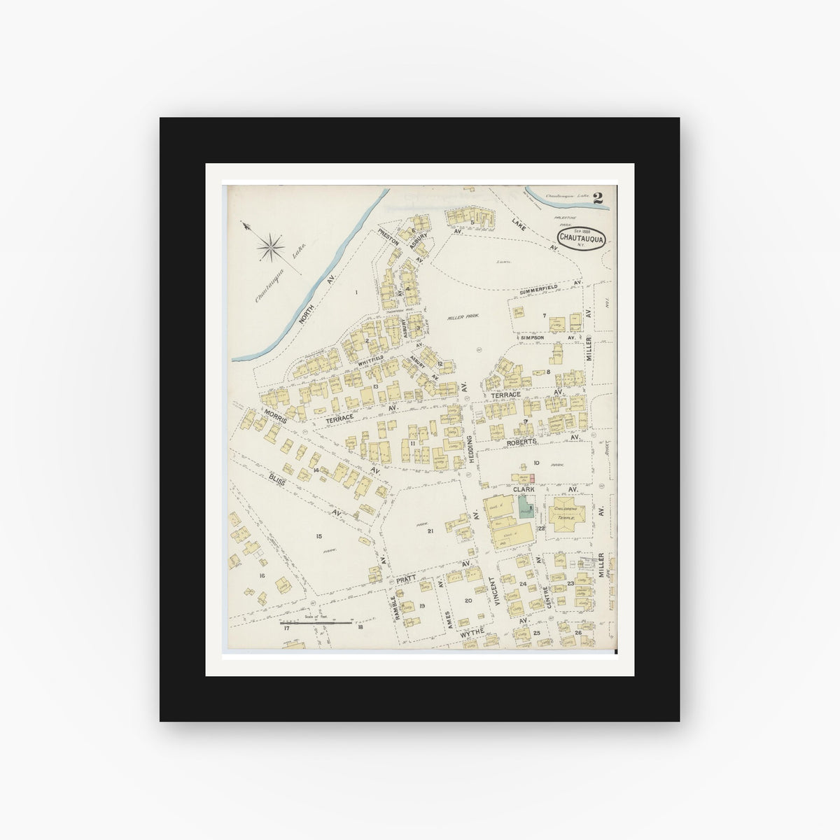 Old map wall art mockup — black gallery frame with white mat — Sanborn Fire Insurance Map from Chautauqua, Chautauqua County, New York (1888), Sheet #0002