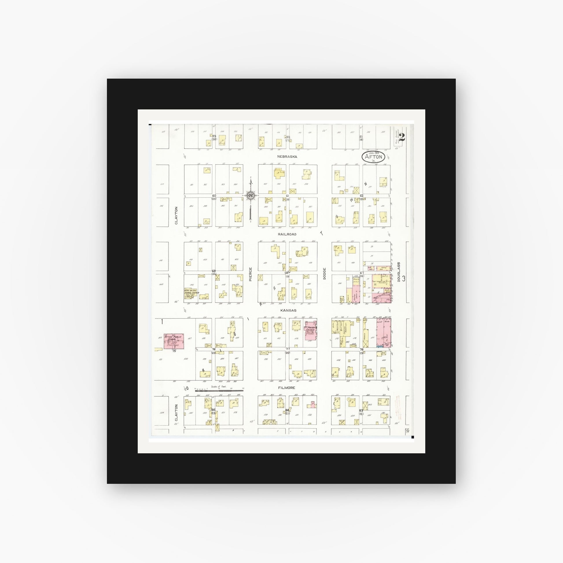 Old map wall art mockup — black gallery frame with white mat — Sanborn Fire Insurance Map from Afton, Union County, Iowa (1913), Sheet #0002
