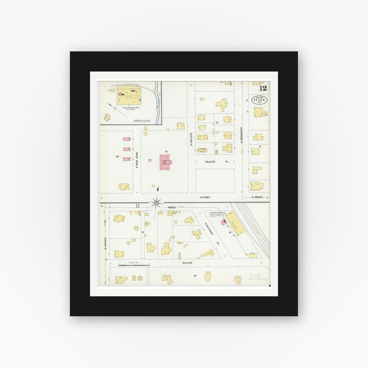 Old map wall art mockup — black gallery frame with white mat — Sanborn Fire Insurance Map from Tyler, Smith County, Texas (1902), Sheet #0012