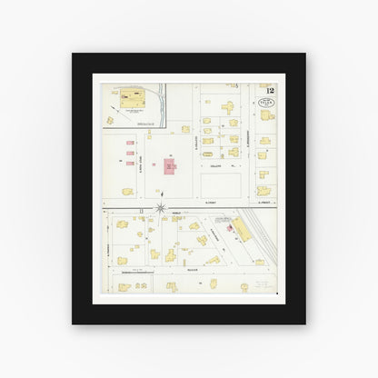 Old map wall art mockup — black gallery frame with white mat — Sanborn Fire Insurance Map from Tyler, Smith County, Texas (1902), Sheet #0012