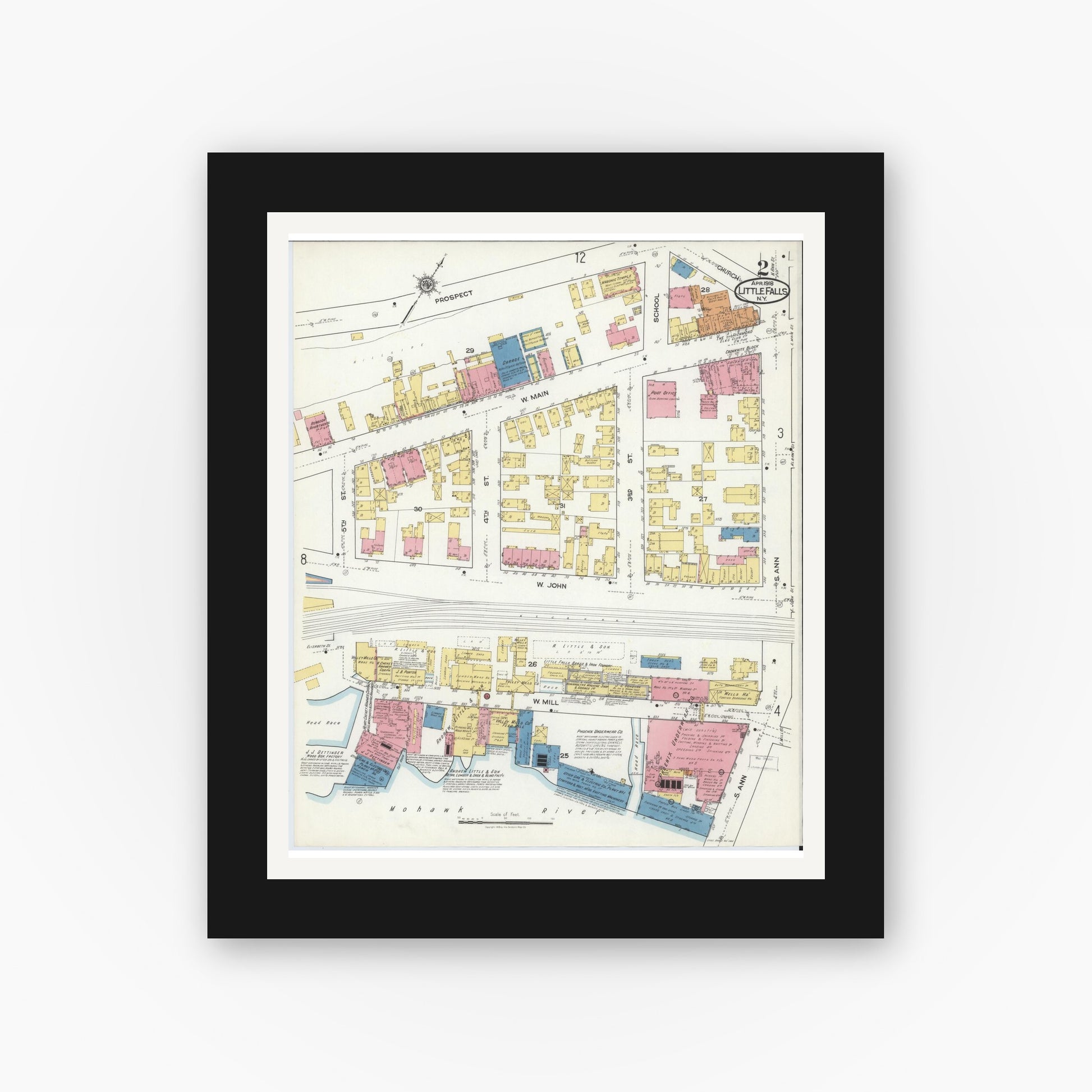 Old map wall art mockup — black gallery frame with white mat — Sanborn Fire Insurance Map from Little Falls, Herkimer County, New York (1918) - Complete Map Set