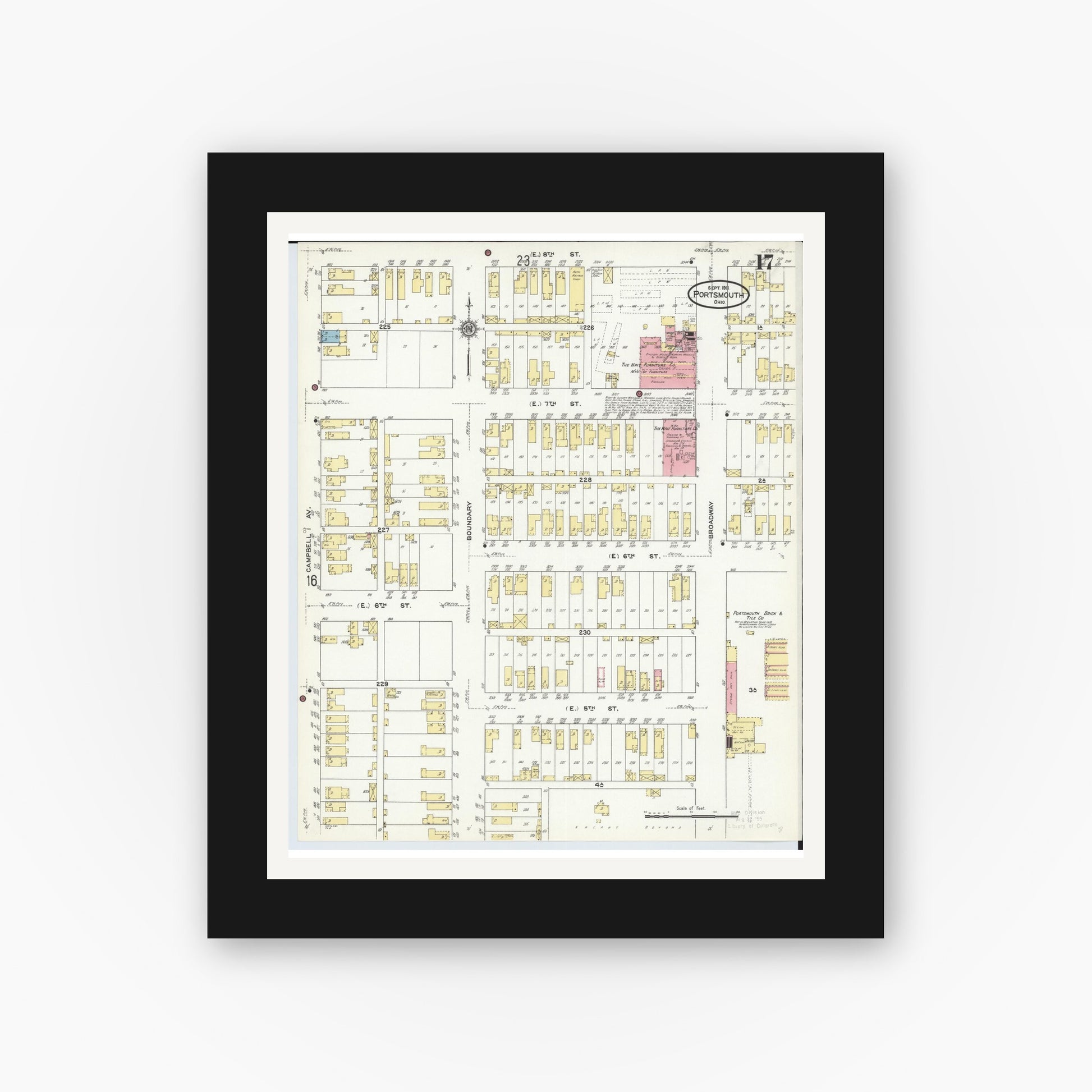 Old map wall art mockup — black gallery frame with white mat — Sanborn Fire Insurance Map from Portsmouth, Scioto County, Ohio (1911), Sheet #0017