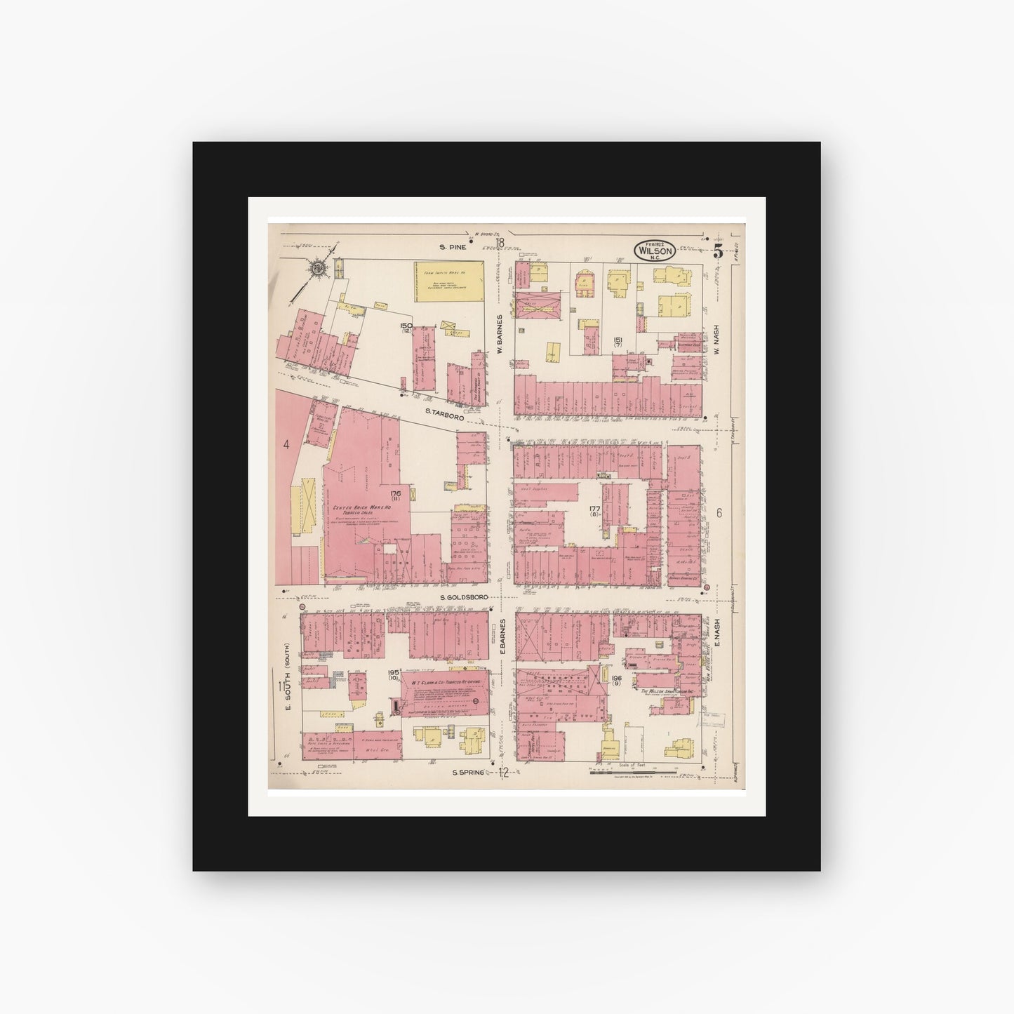 Old map wall art mockup — black gallery frame with white mat — Sanborn Fire Insurance Map from Wilson, Wilson County, North Carolina (1922), Sheet #0005