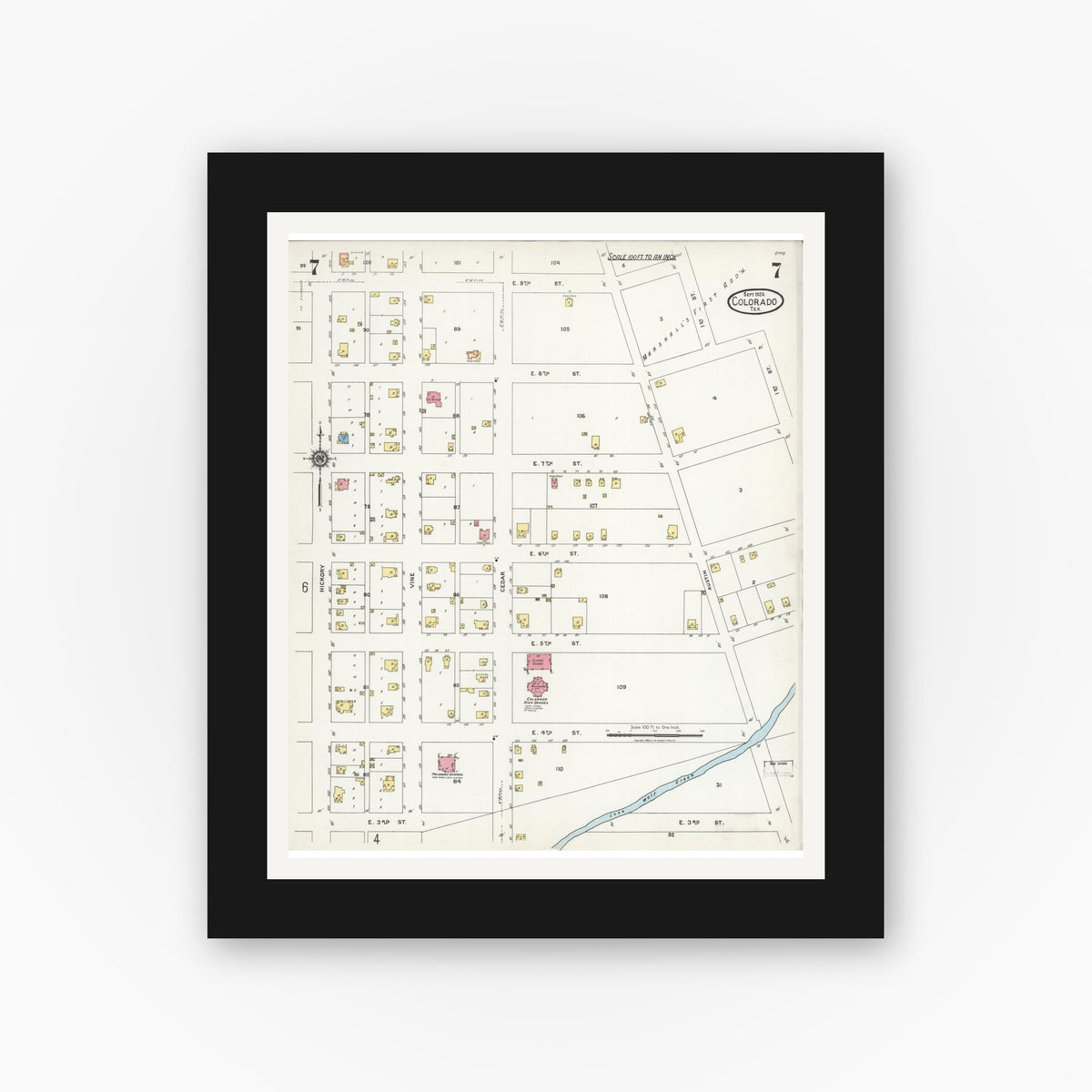 Old map wall art mockup — black gallery frame with white mat — Sanborn Fire Insurance Map from Colorado, Mitchell County, Texas (1925), Sheet #0007