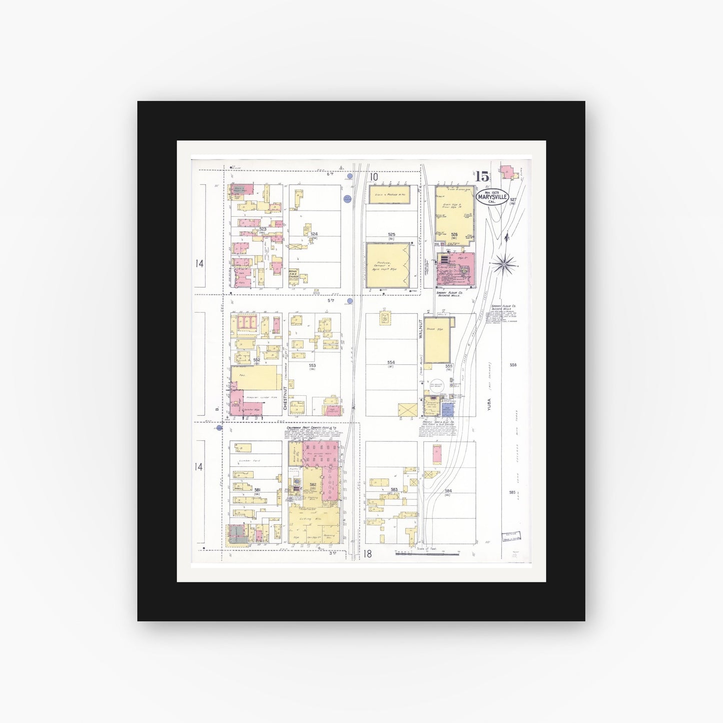 Old map wall art mockup — black gallery frame with white mat — Sanborn Fire Insurance Map from Marysville, Yuba County, California (1909), Sheet #0015