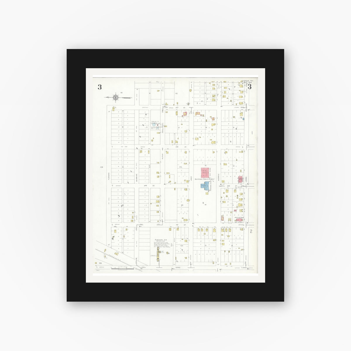 Old map wall art mockup — black gallery frame with white mat — Sanborn Fire Insurance Map from Quitaque, Briscoe County, Texas (1936), Sheet #0003