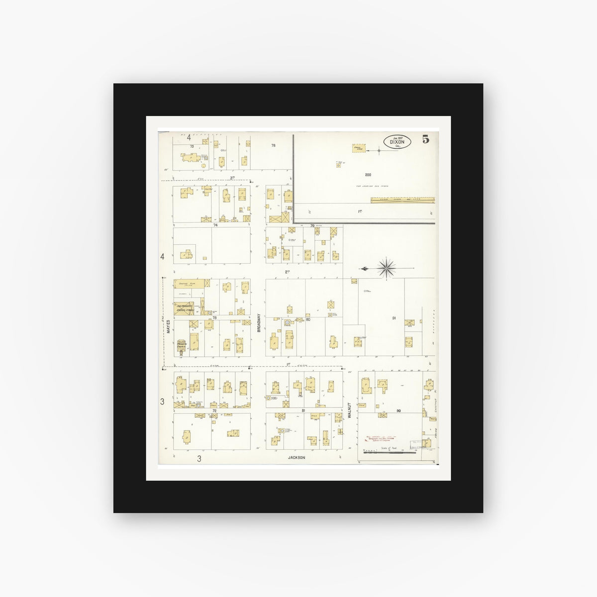 Old map wall art mockup — black gallery frame with white mat — Sanborn Fire Insurance Map from Dixon, Solano County, California (1907), Sheet #0005