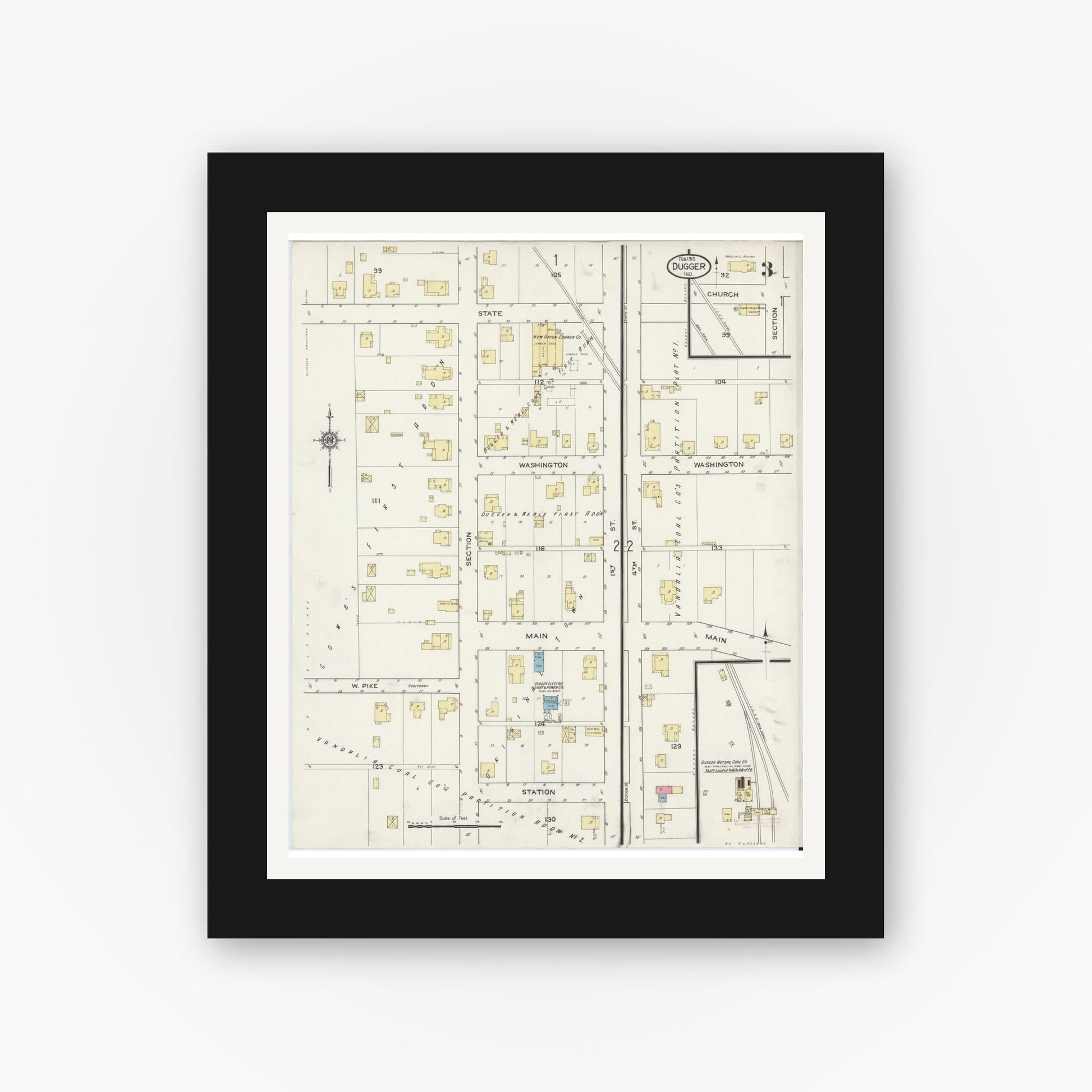 Old map wall art mockup — black gallery frame with white mat — Sanborn Fire Insurance Map from Dugger, Sullivan County, Indiana (1915), Sheet #0003
