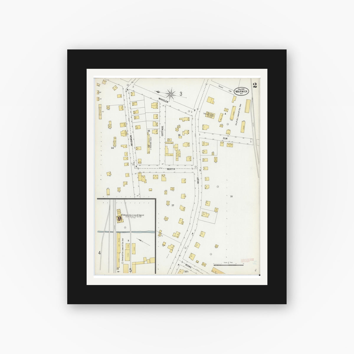 Old map wall art mockup — black gallery frame with white mat — Sanborn Fire Insurance Map from Warwick, Orange County, New York (1900), Sheet #0002