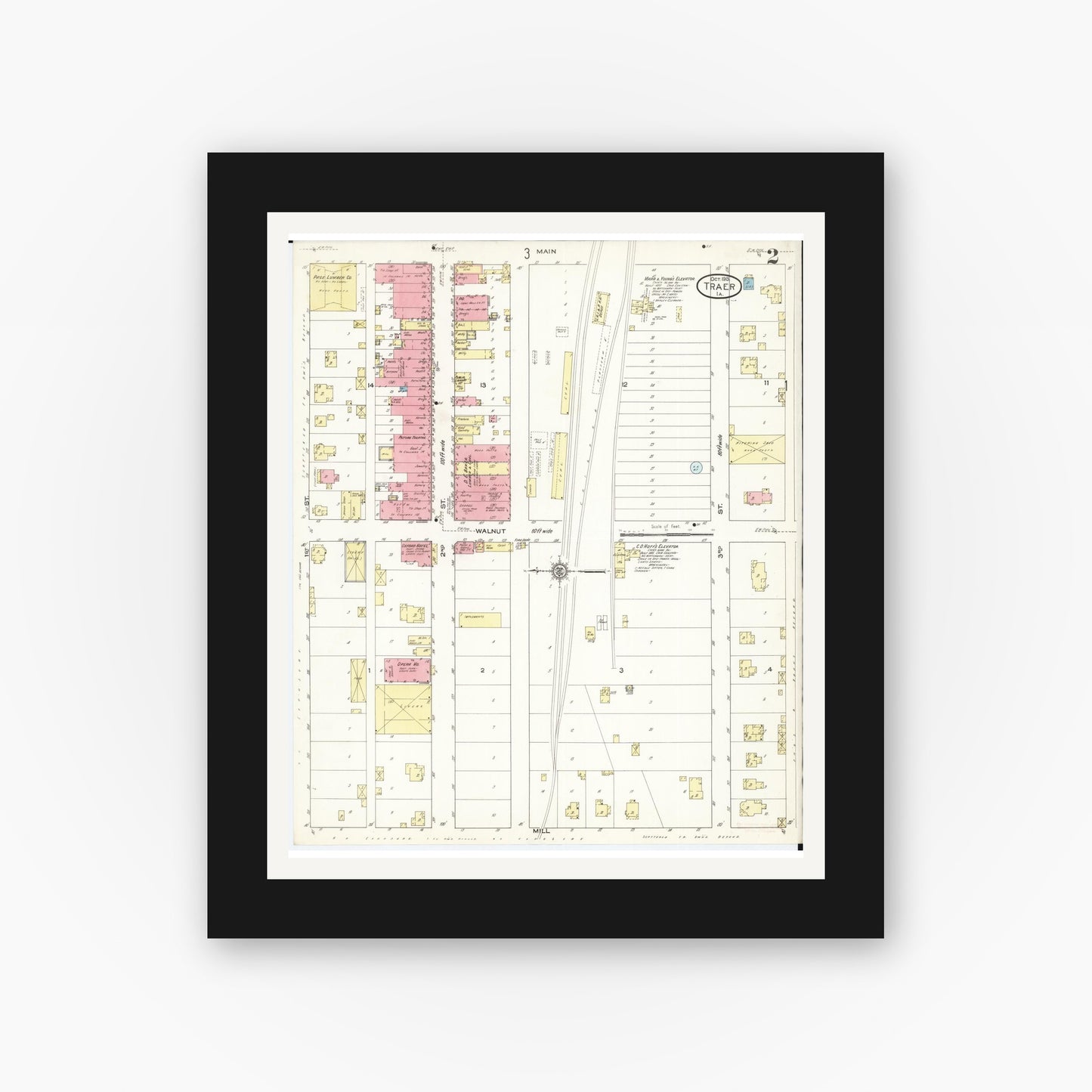 Old map wall art mockup — black gallery frame with white mat — Sanborn Fire Insurance Map from Traer, Tama County, Iowa (1913), Sheet #0002
