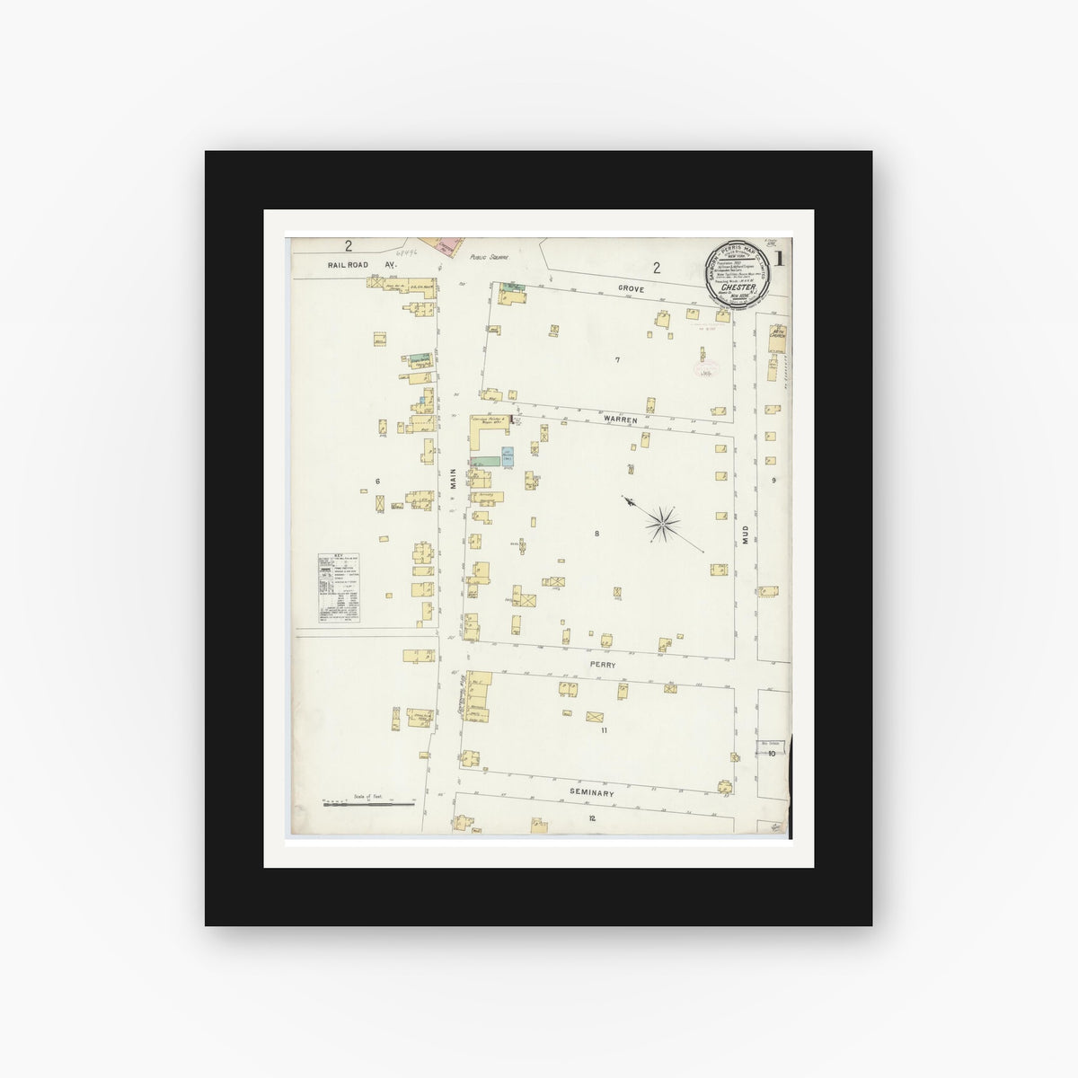 Old map wall art mockup — black gallery frame with white mat — Sanborn Fire Insurance Map from Chester, Morris County, New Jersey (1896), Sheet #0001