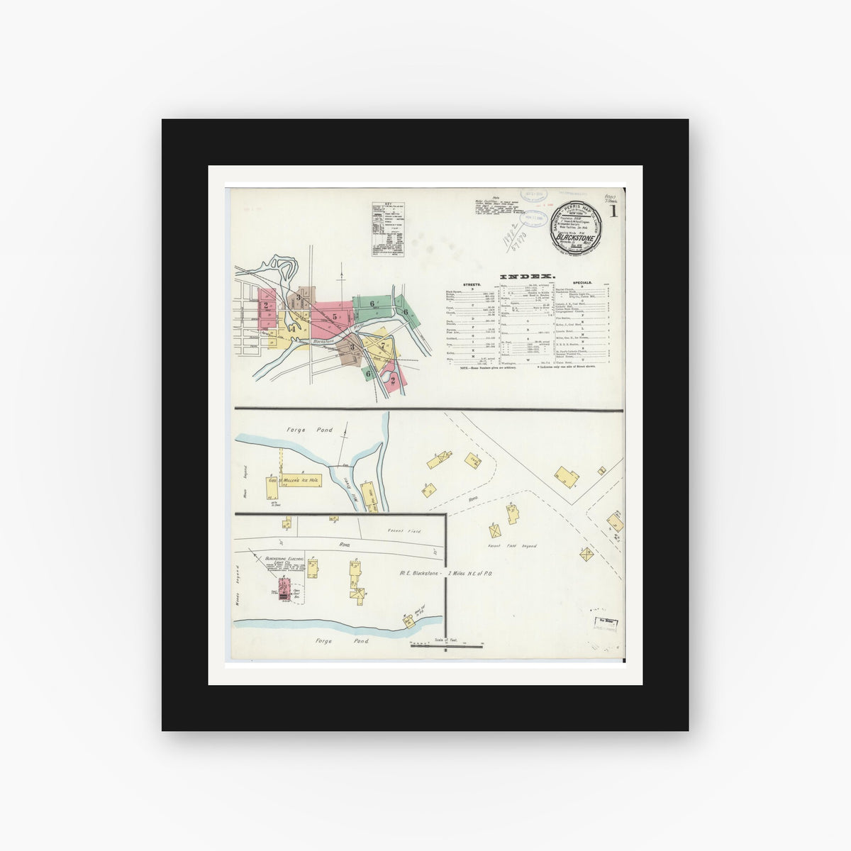 Old map wall art mockup — black gallery frame with white mat — Sanborn Fire Insurance Map from Blackstone, Worcester County, Massachusetts (1898), Sheet #0001