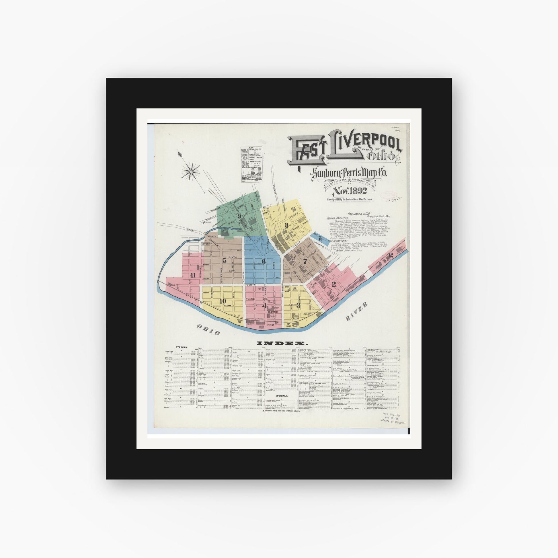 Old map wall art mockup — black gallery frame with white mat — Sanborn Fire Insurance Map from East Liverpool, Columbiana County, Ohio (1892), Sheet #0001