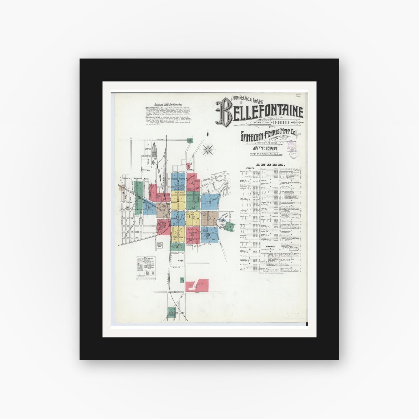 Old map wall art mockup — black gallery frame with white mat — Sanborn Fire Insurance Map from Bellefontaine, Logan County, Ohio (1901), Sheet #0001