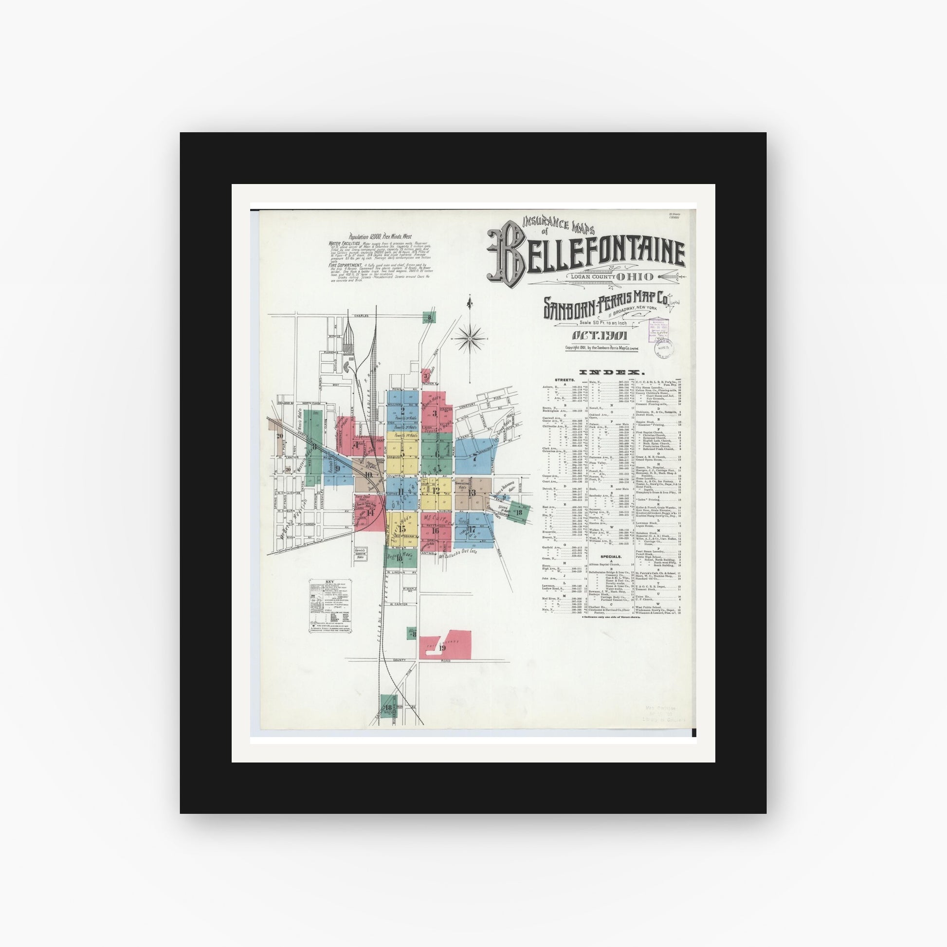 Old map wall art mockup — black gallery frame with white mat — Sanborn Fire Insurance Map from Bellefontaine, Logan County, Ohio (1901), Sheet #0001
