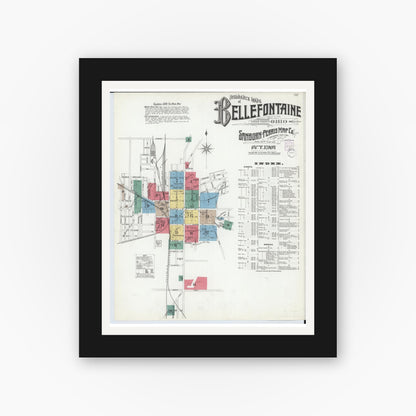 Old map wall art mockup — black gallery frame with white mat — Sanborn Fire Insurance Map from Bellefontaine, Logan County, Ohio (1901), Sheet #0001