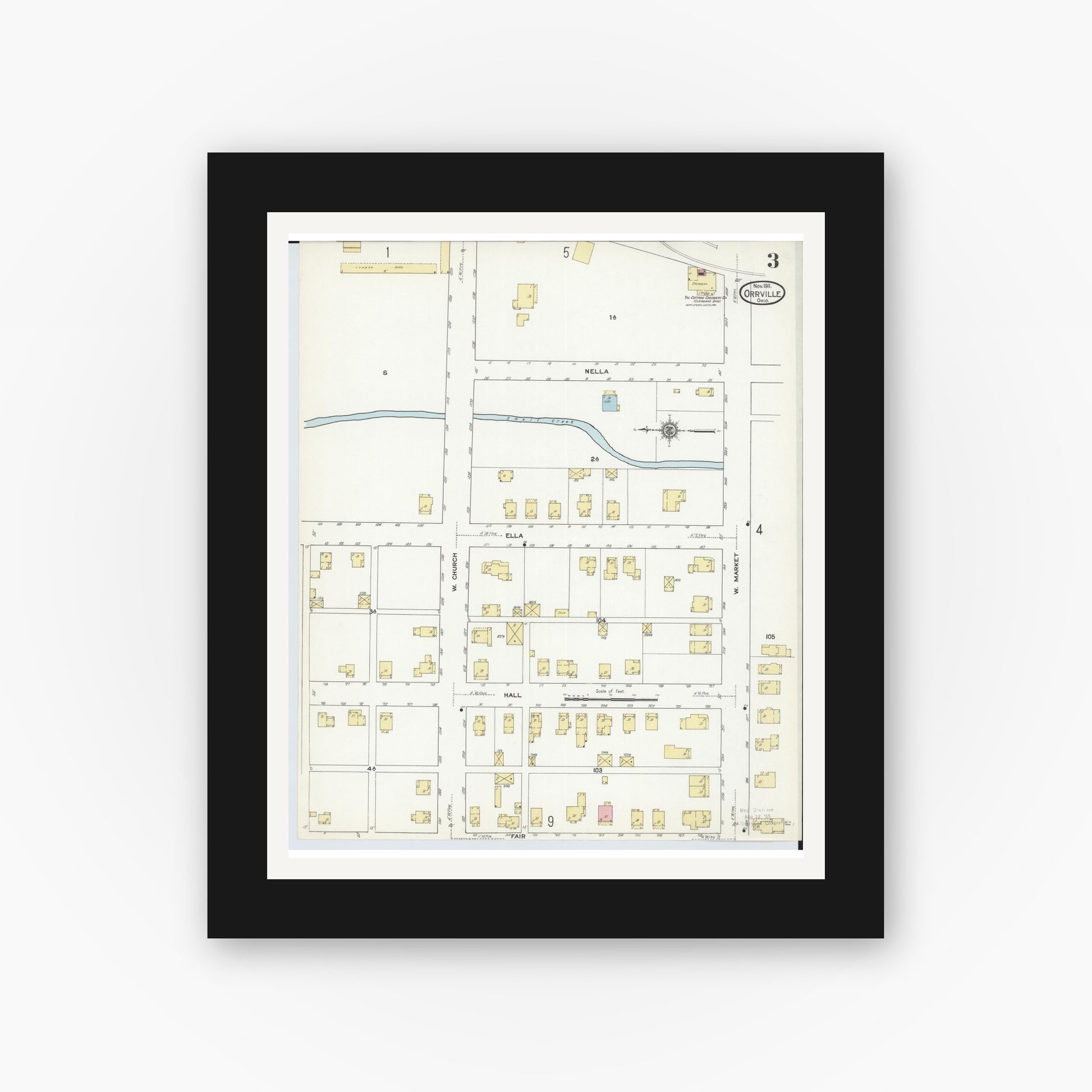 Old map wall art mockup — black gallery frame with white mat — Sanborn Fire Insurance Map from Orrville, Wayne County, Ohio (1911), Sheet #0003