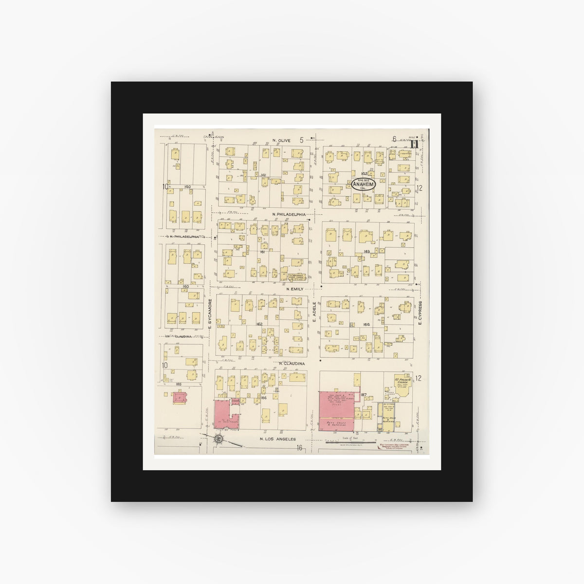 Old map wall art mockup — black gallery frame with white mat — Sanborn Fire Insurance Map from Anaheim, Orange County, California (1922), Sheet #0011
