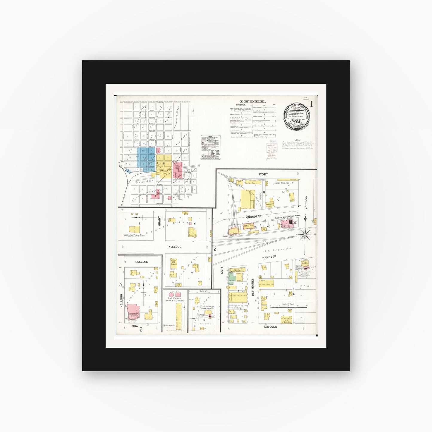 Old map wall art mockup — black gallery frame with white mat — Sanborn Fire Insurance Map from Ames, Story County, Iowa (1900), Sheet #0001